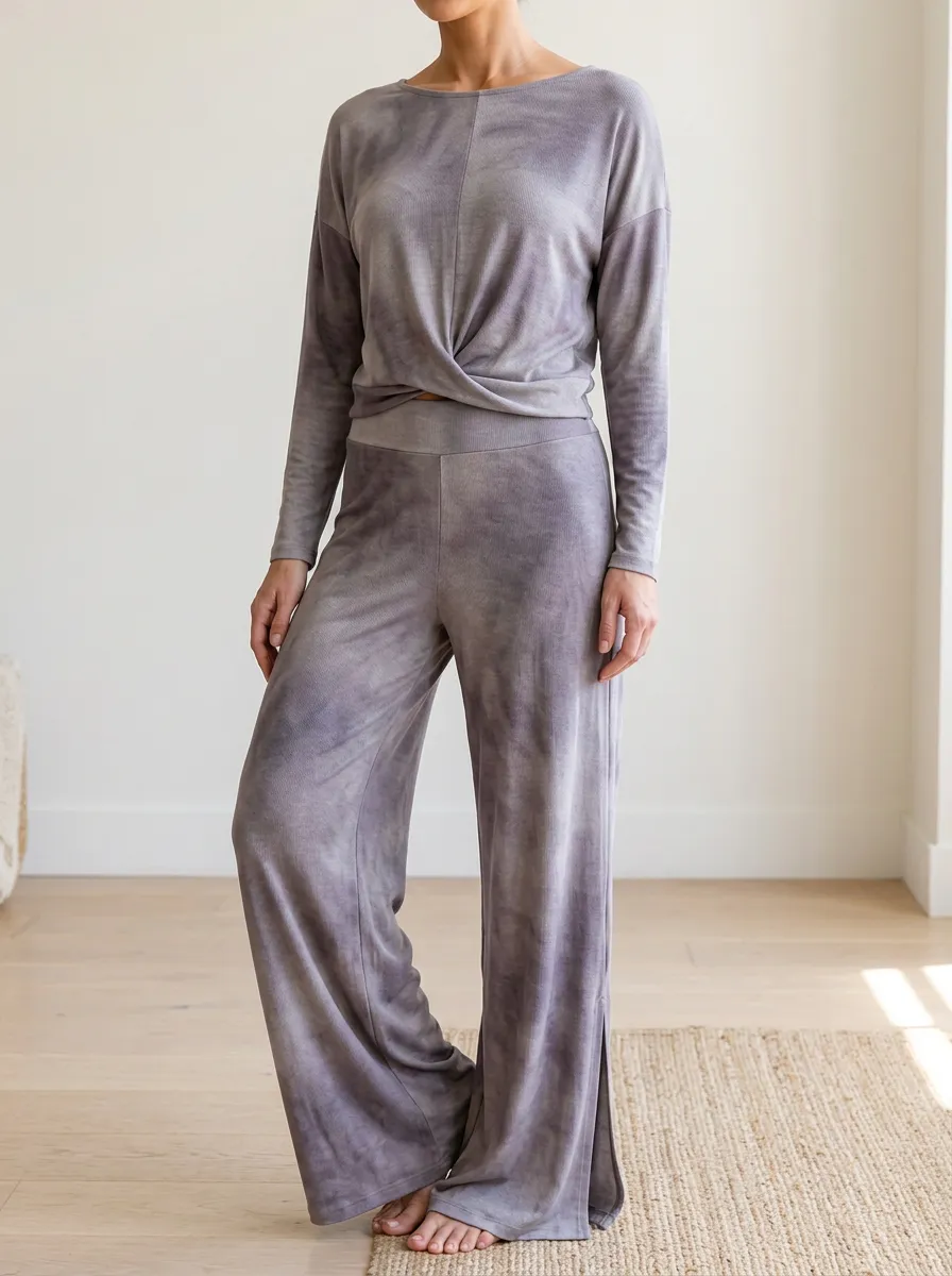 Women's Comfort Fit Lounge Tie-Dye Patterned Long Sleeve Wide Leg Pants Set
