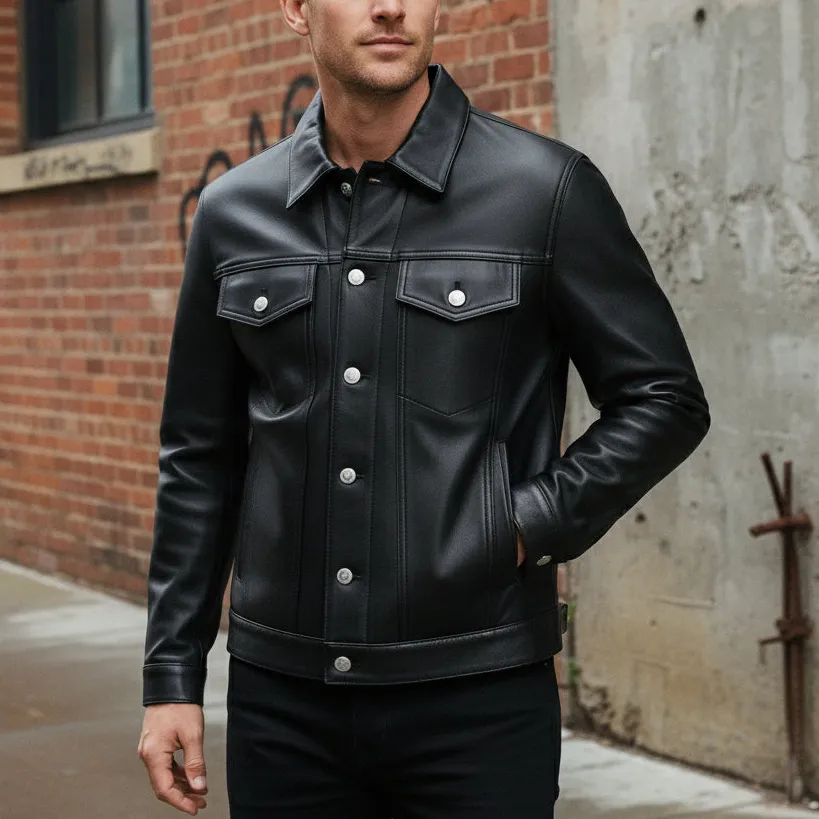 Classic Leather Biker Trucker Motorcycle Jacket