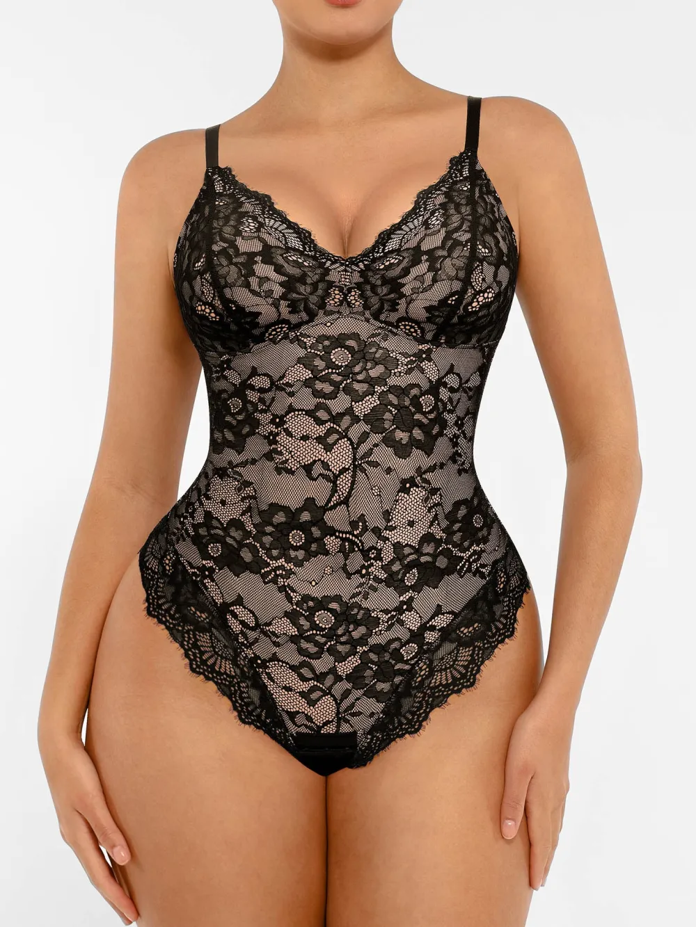 V Neck Lace Trim Shaping Bodysuit