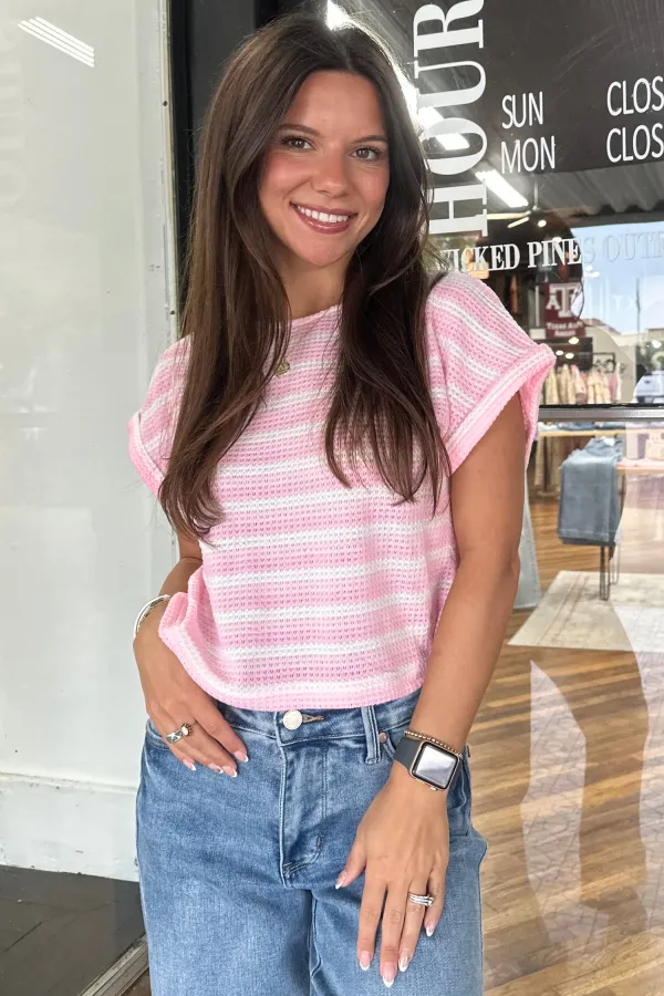 Pink Striped Print Waffle Knit Tee
