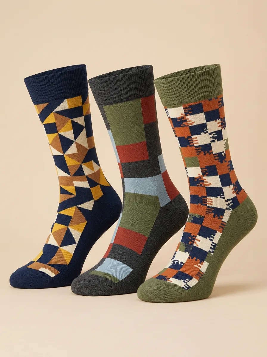 Men's Geometric Patterned Multi-Pattern Printed Three-Pack Socks