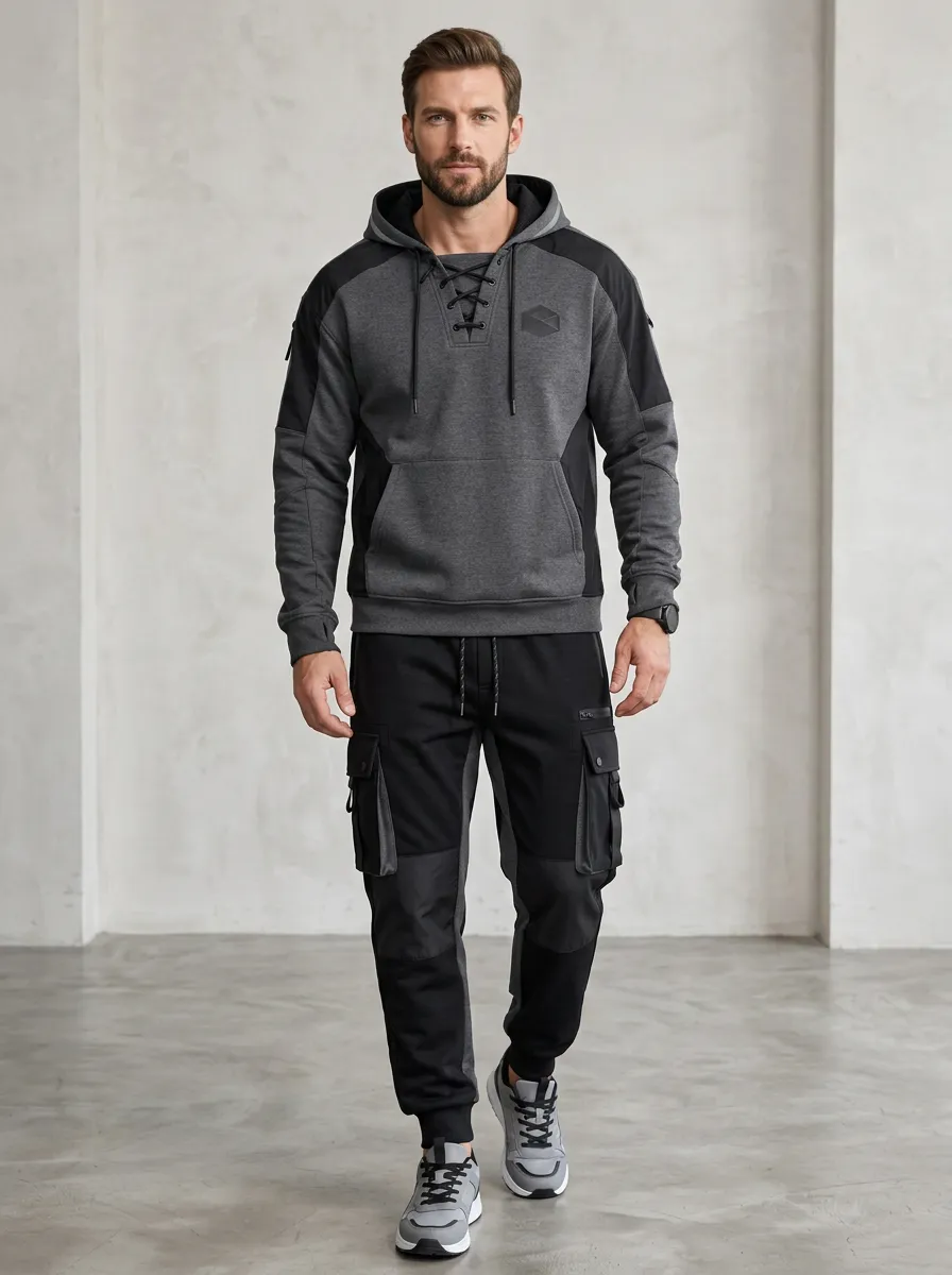 Trail-Inspired Lace-Up Multi Pocket Design Men's Lace Up Hoodie And Cargo Jogger Set
