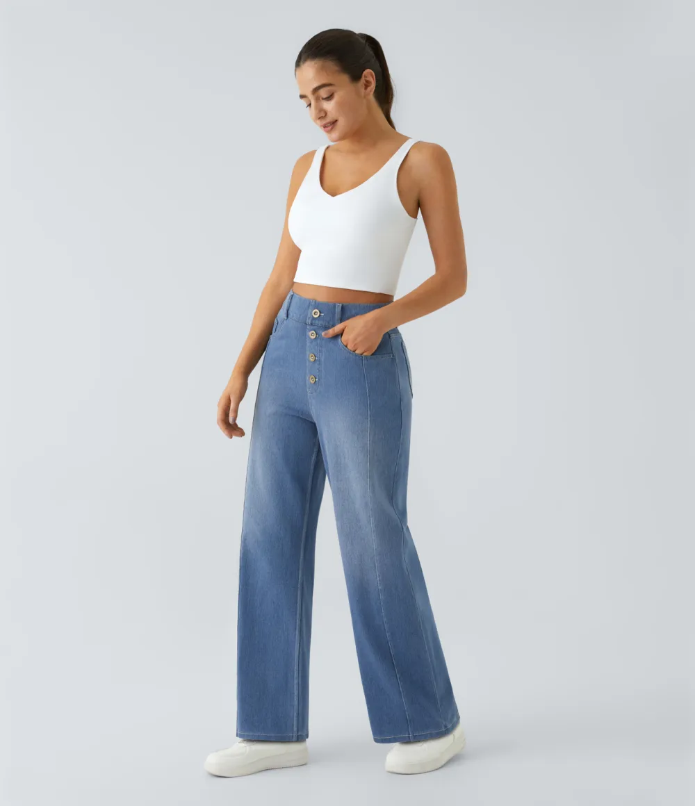 Magic High Waisted Decorative Button Multiple Pockets Straight Leg Stretchy Knit Casual Boyfriend Jeans
