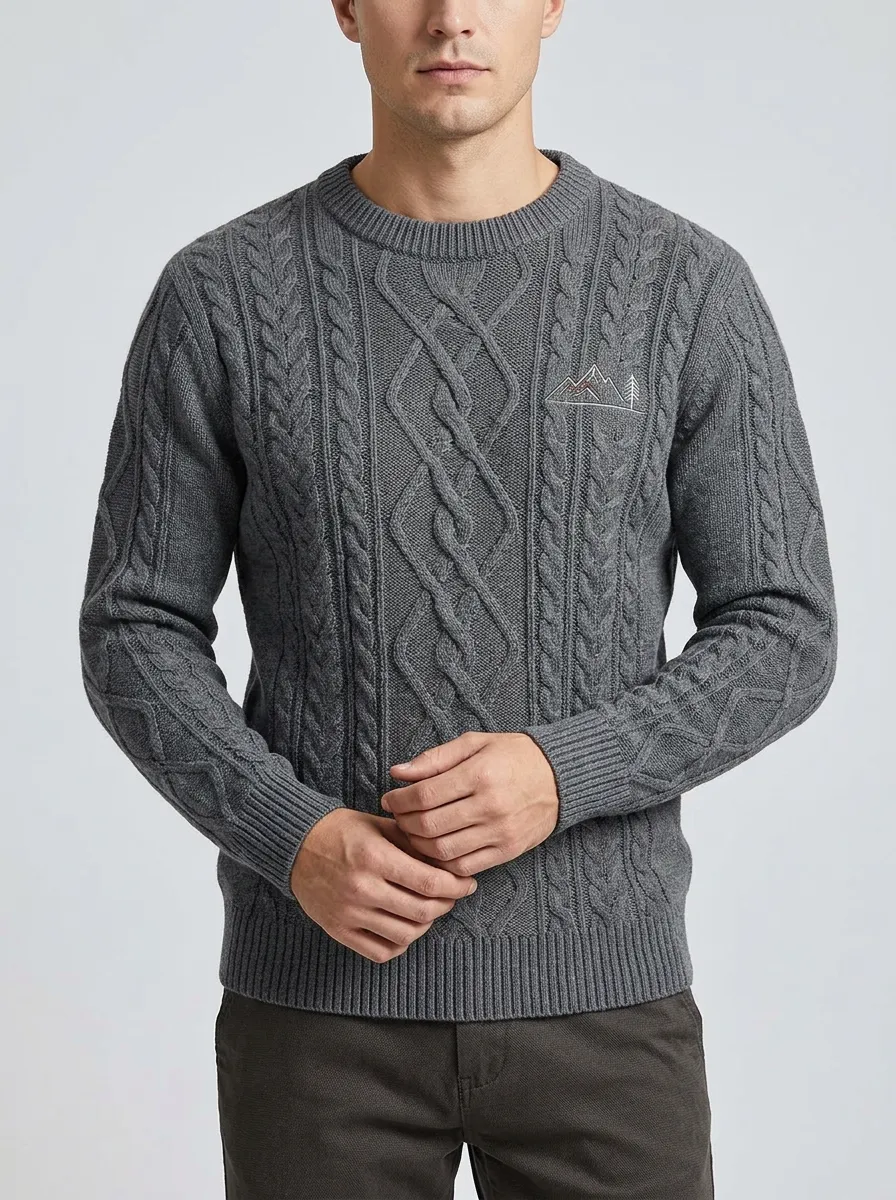 Men's Charcoal Grey Outdoor Mountain Embroidered Knit Sweater