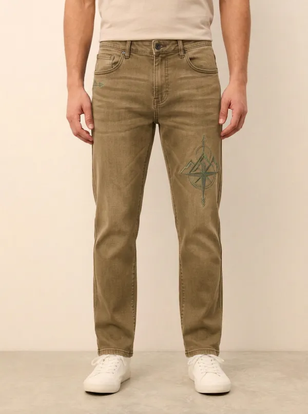 Men's Adventure Mountain Compass Printed Stretch Jeans