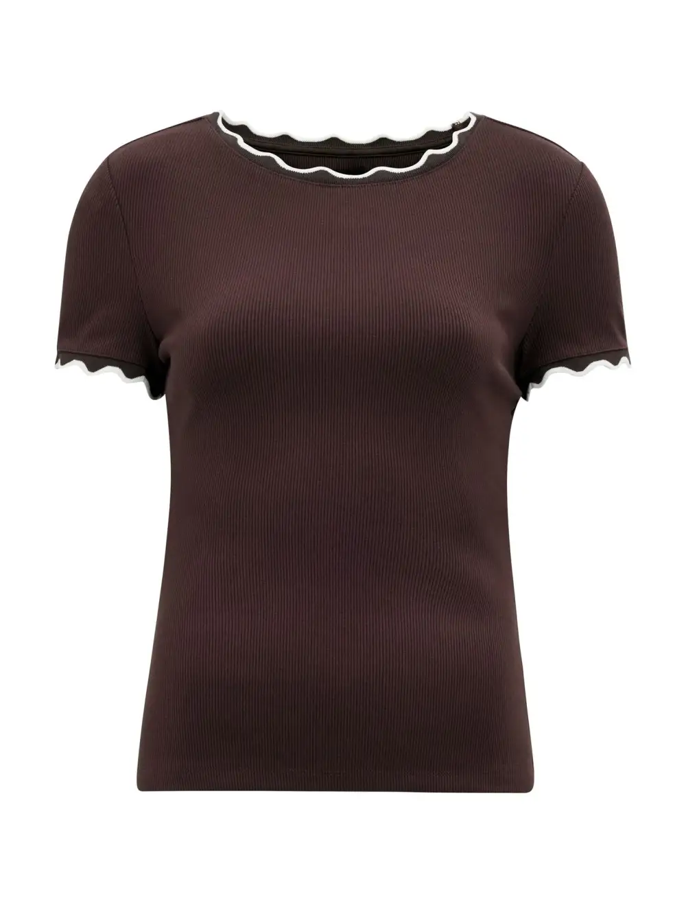 Burgundy Scallop Trim Ribbed Knit T-Shirt