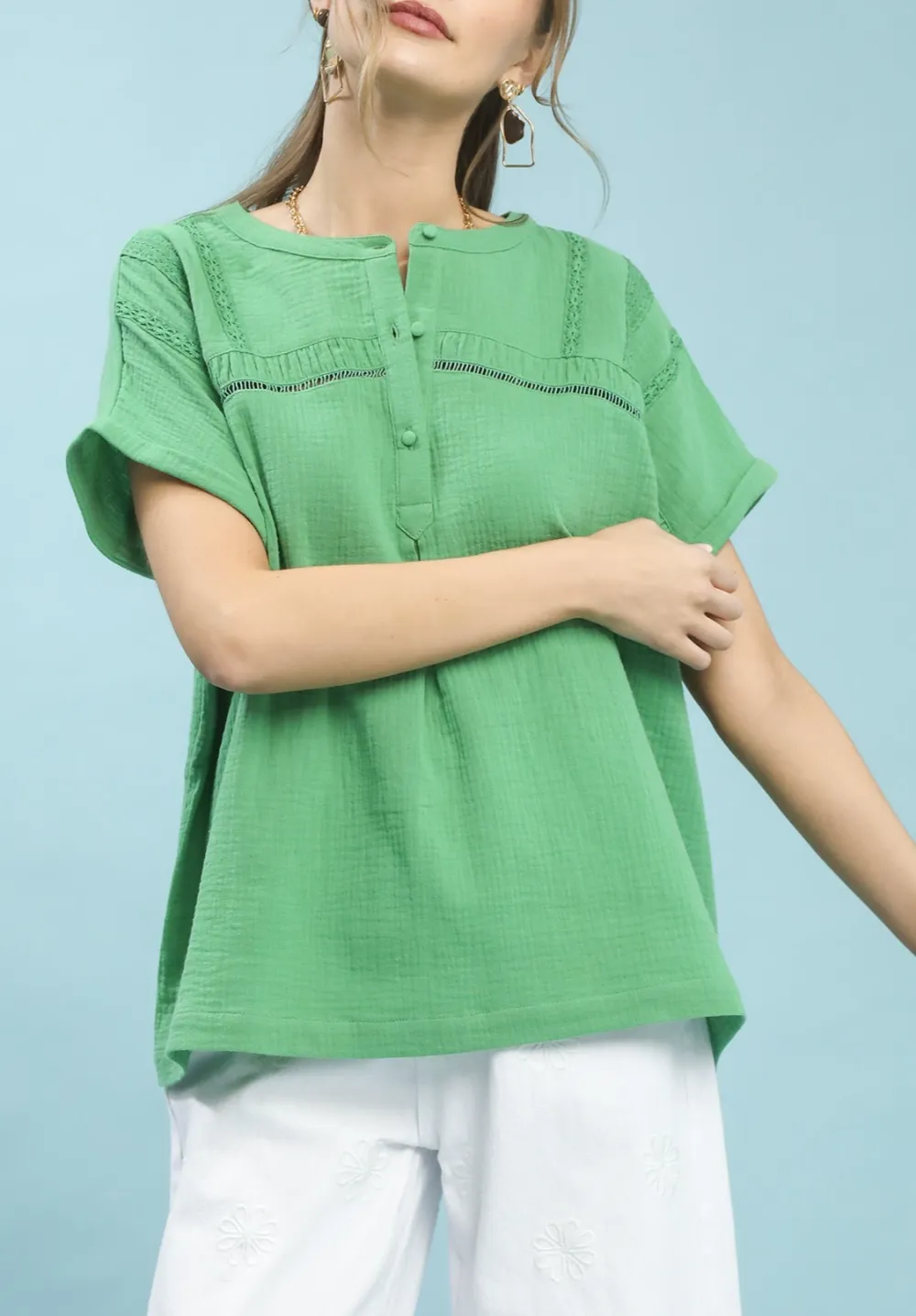 Textured Gauze Embroidered Buttoned Split-Neck Boho Blouse