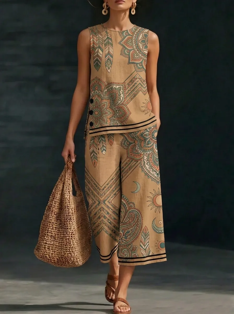 Women's Bohemian Mandala Sun Moon Printed Sleeveless Set