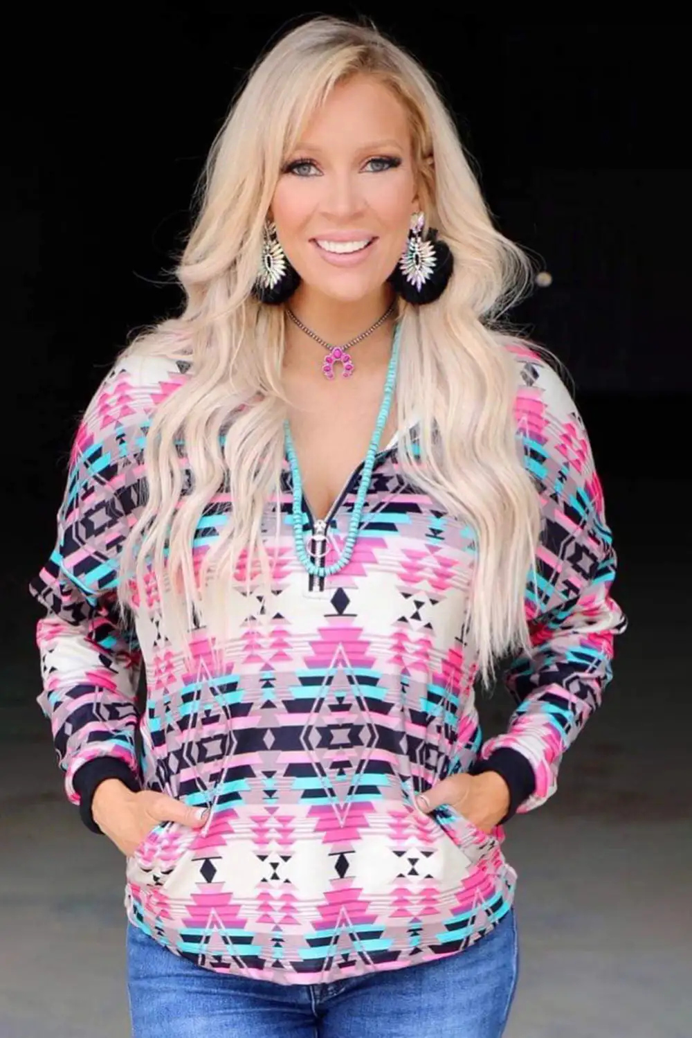 Western Aztec Pattern Zipped Turn Down Collar Sweatshirt