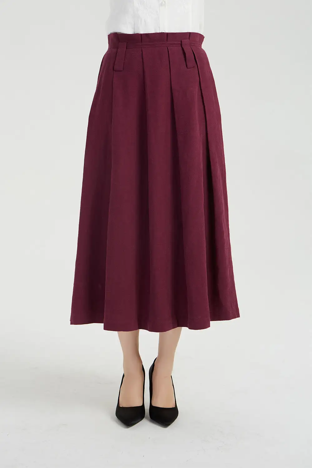 Refined Linen Pleated High Waist Midi Skirt
