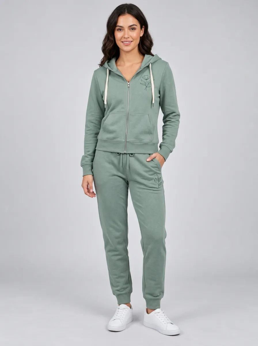 Women's Sage Green Floral Embroidered Zip-Up Hoodie Jacket & Jogger Set
