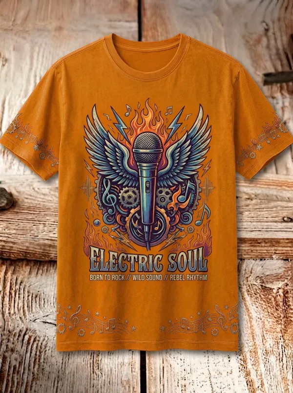 Unisex Rock Music Lover Electric Soul Winged Microphone Printed T-shirt