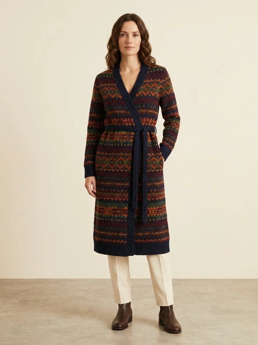 Women's Vintage Fair Isle Pattern Belted Printed Cardigan
