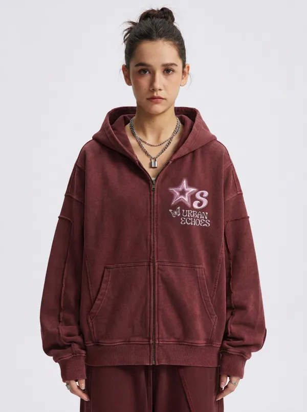 Unisex Streetwear Y2K Star Butterfly Printed Zip Up Hoodie