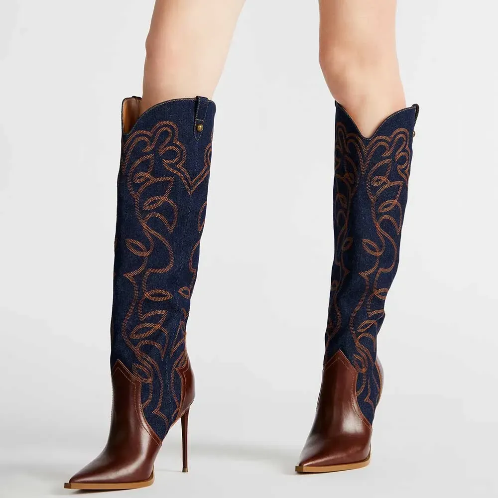 Faux-Leather Denim Embroidered Patchwork Knee-High Boots