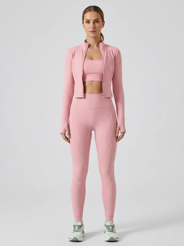 Utility Ribbed Texture Zip Detail Shape Women's Three Piece Activewear Set