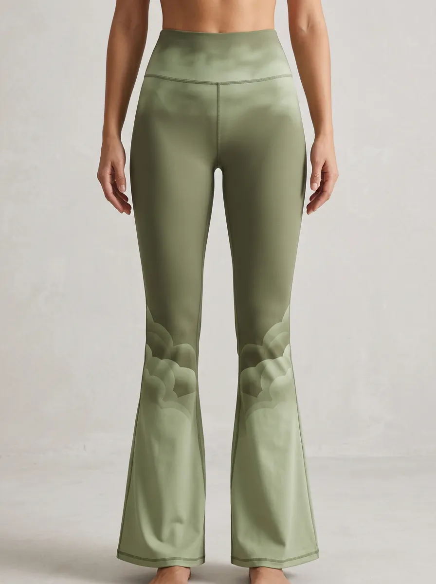 Women’s Mid-Rise Yoga Olive Cloud Pattern Printed Mini Flare Yoga Pants