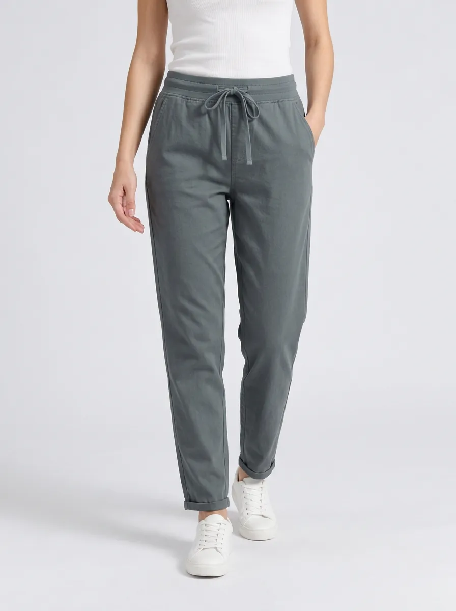 Women's Grey Jogger Elastic Waist Pants with Drawstring