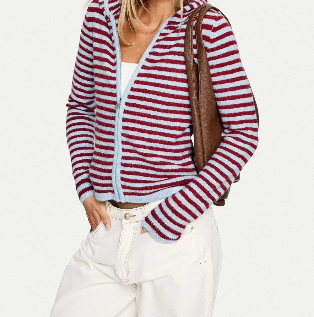 Blue and Red Striped Zip-Up Knit Hoodie