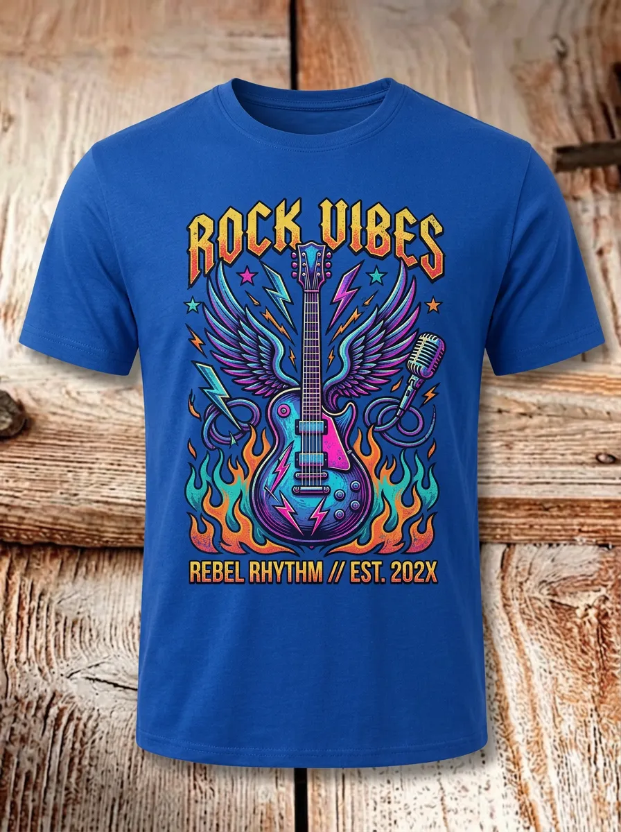Unisex Rock Music Lover Winged Guitar Flame Printed T-shirt
