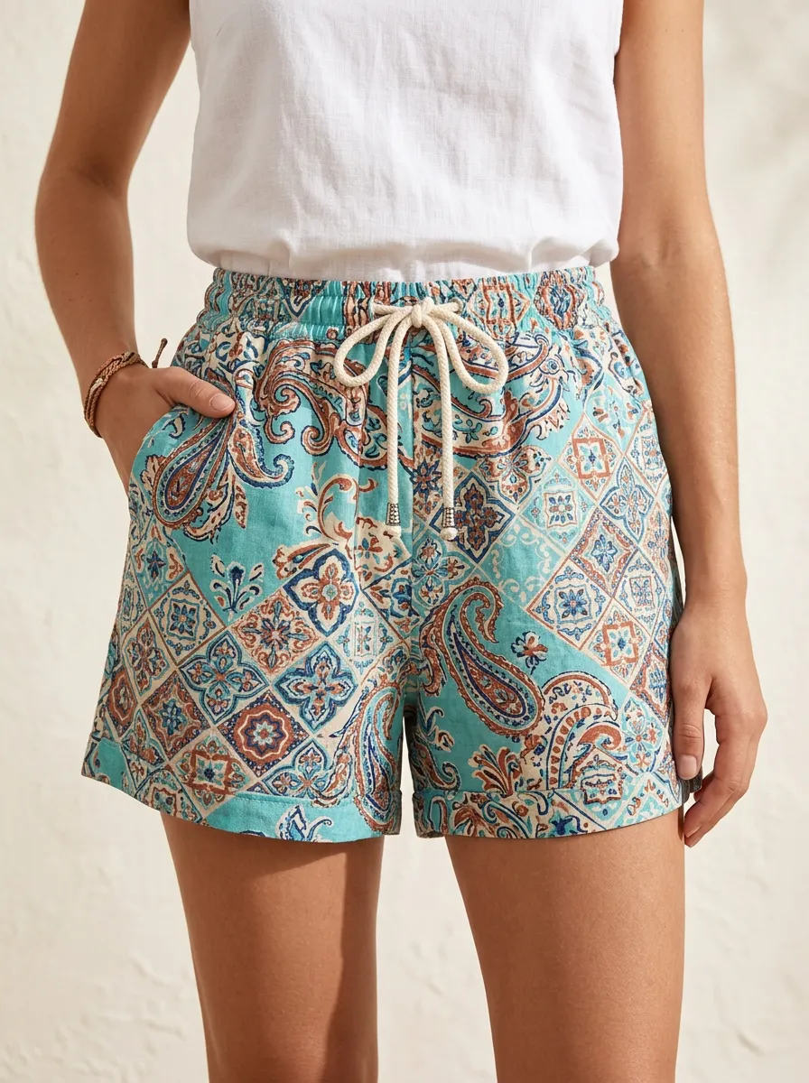 Women's Boho Paisley Geometric Printed Drawstring Shorts