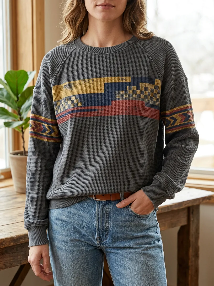 Women's Southwestern Geometric Pattern Waffle Knit Crewneck Sweatshirt