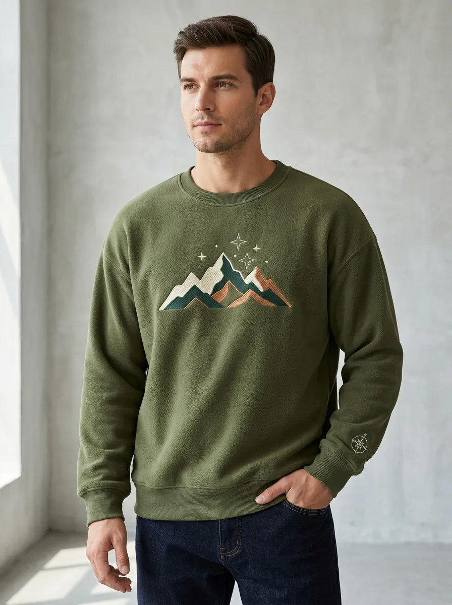 Men's Olive Green Outdoor Mountain Stars Fleece Sweatshirt