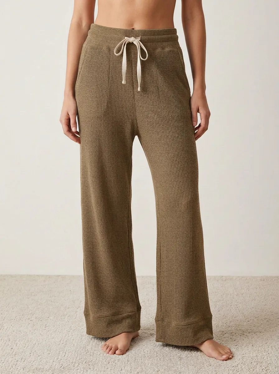 Women's Casual Lounge Waffle Knit Drawstring Wide Leg Pants