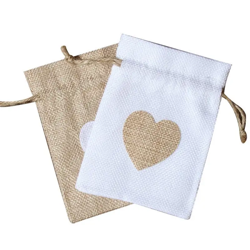 Cotton Linen Drawstring Gift Bag with Heart Print