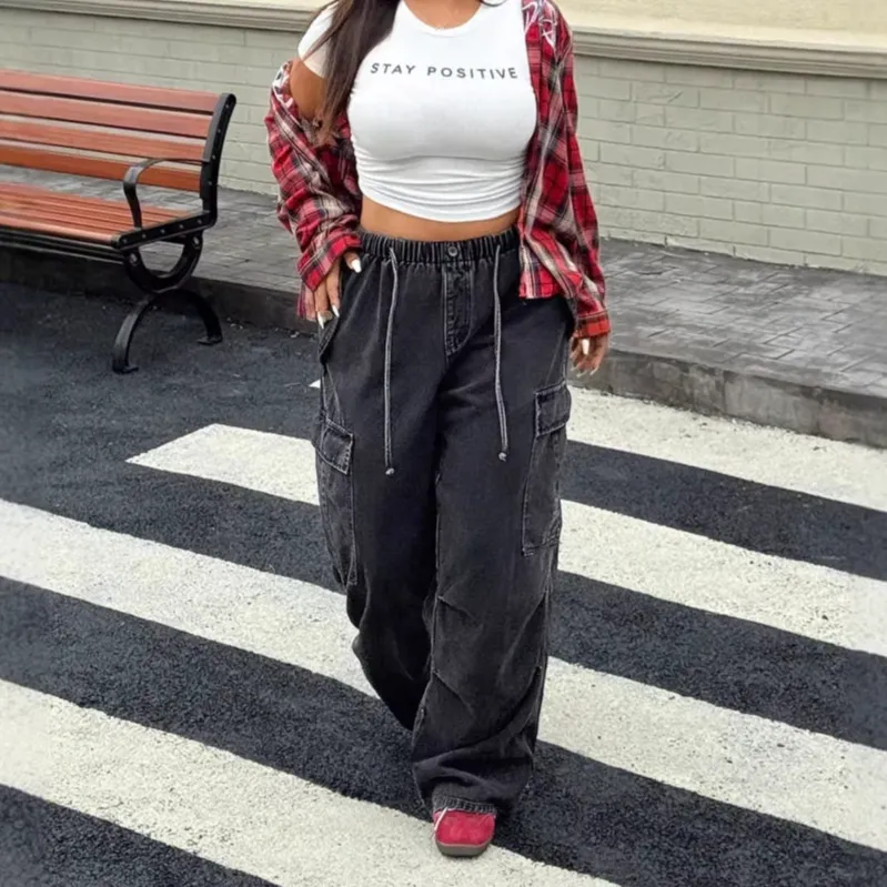 Women's High Waist Loose Fit Drawstring Multi Pocket Jeans