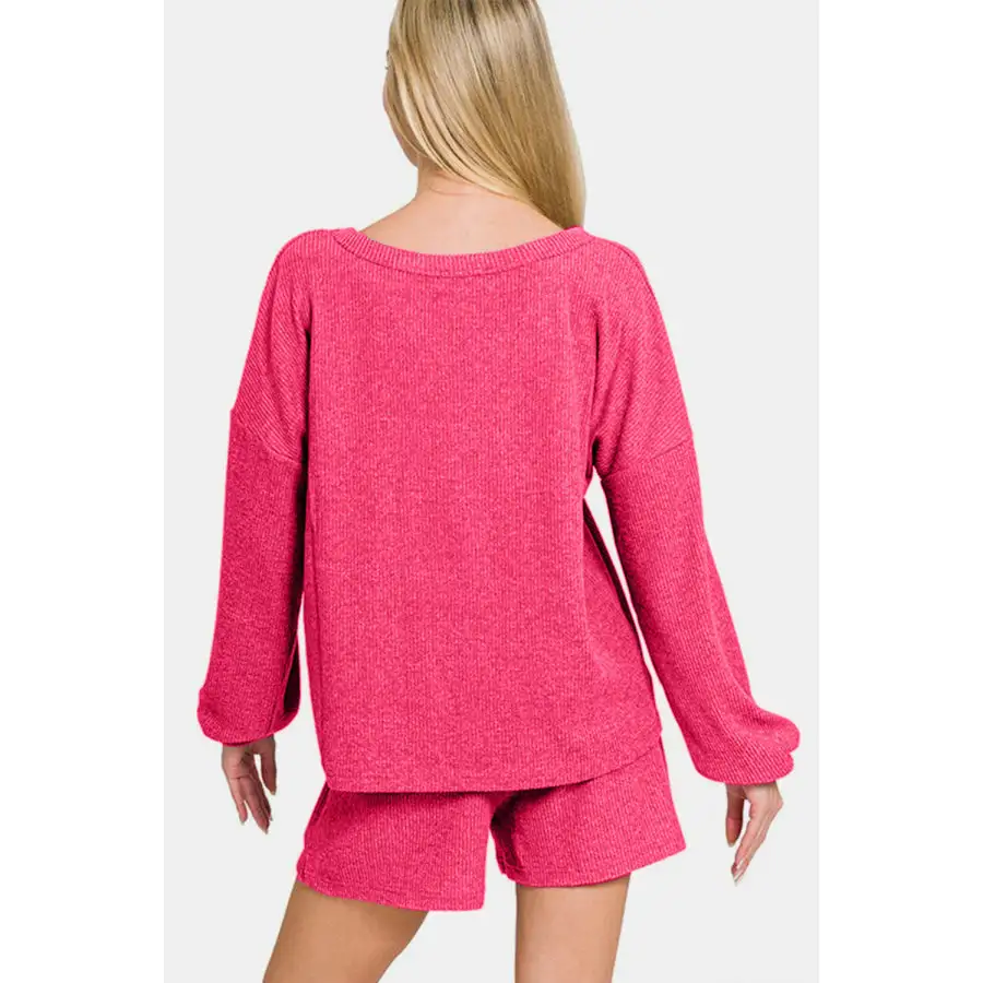 V Neck Long Sleeve Ribbed Top and Shorts Set