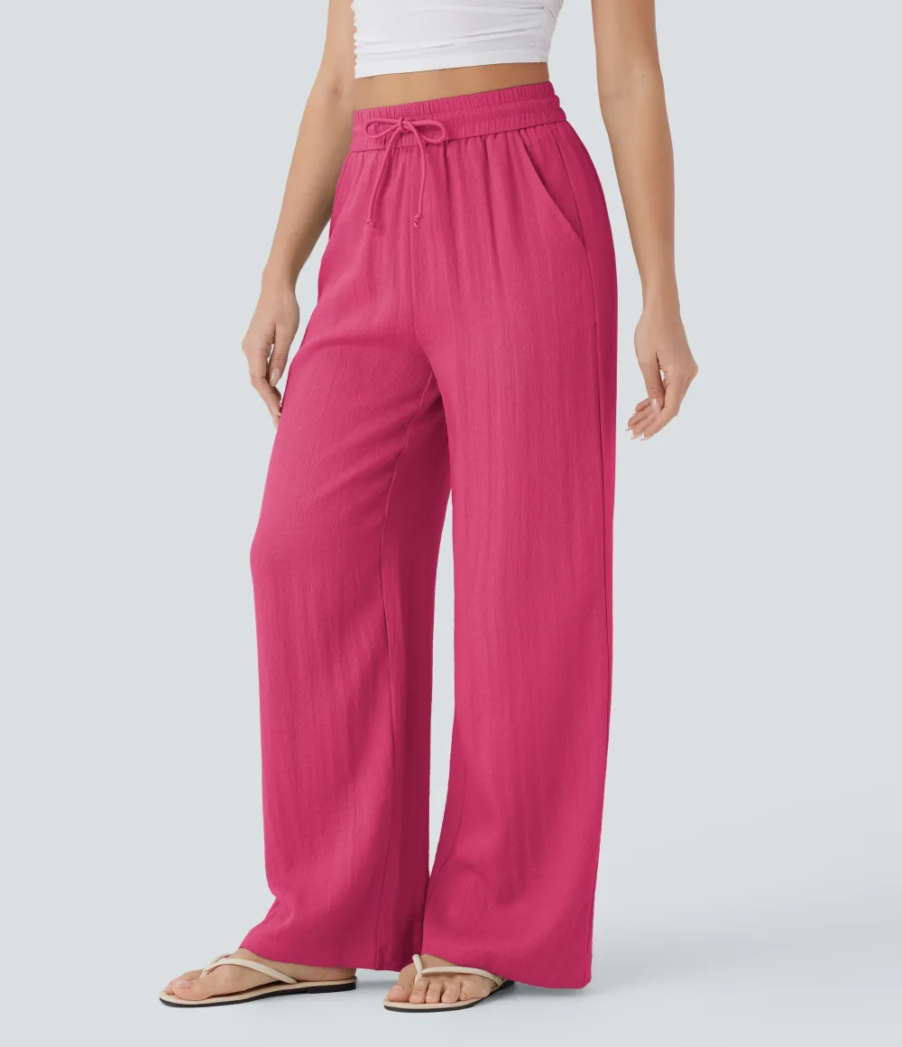 2026🔥  High Waisted Drawstring Pocket Wide Leg Casual Linen-Feel Pants