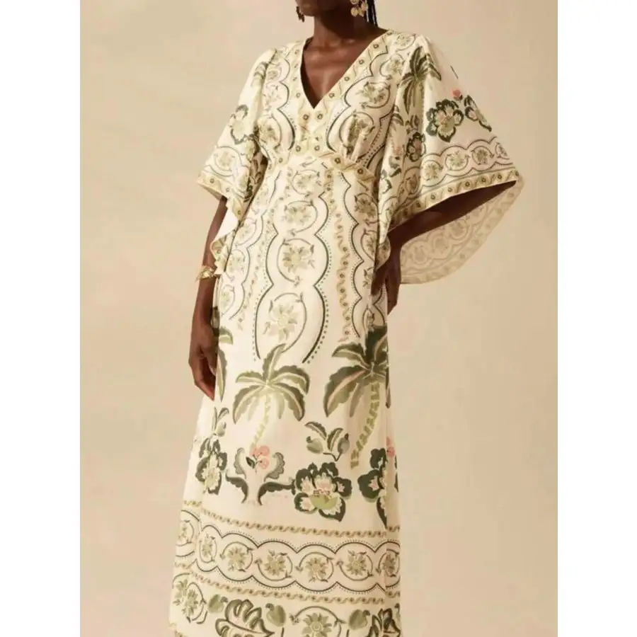 Palm Print V-neck Midi Dress