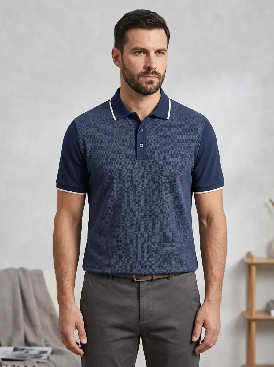 Men's Navy Blue Textured Contrast Trim Printed Polo Shirt