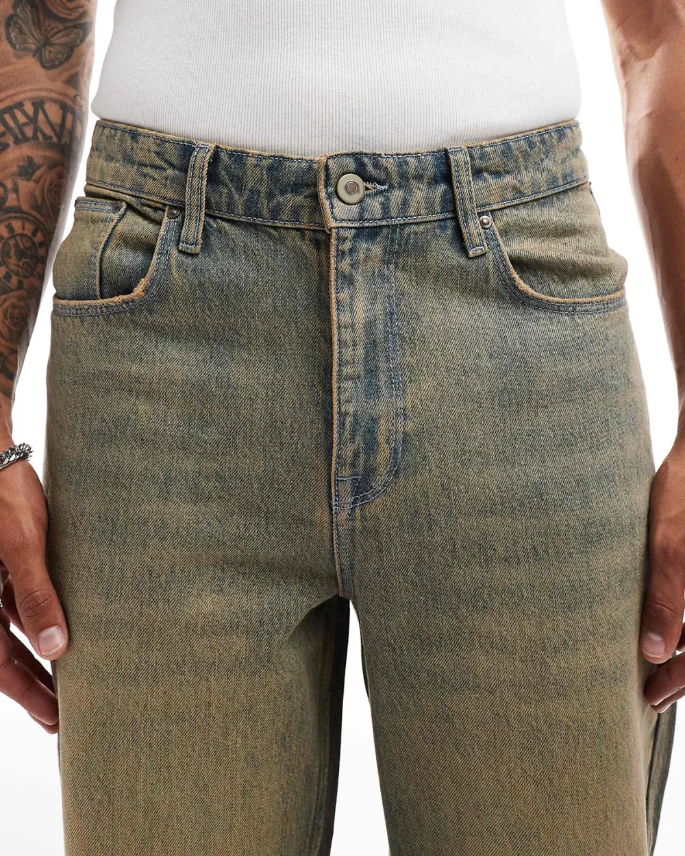 Baggy Jeans With Vintage Brown Tint In Mid Wash Blue