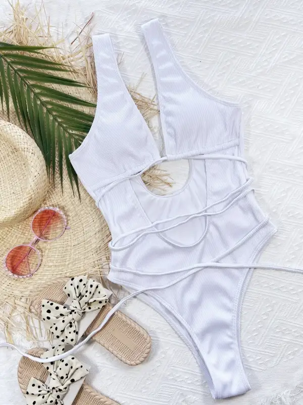 Ribbed Lace Up One Piece Swimsuit