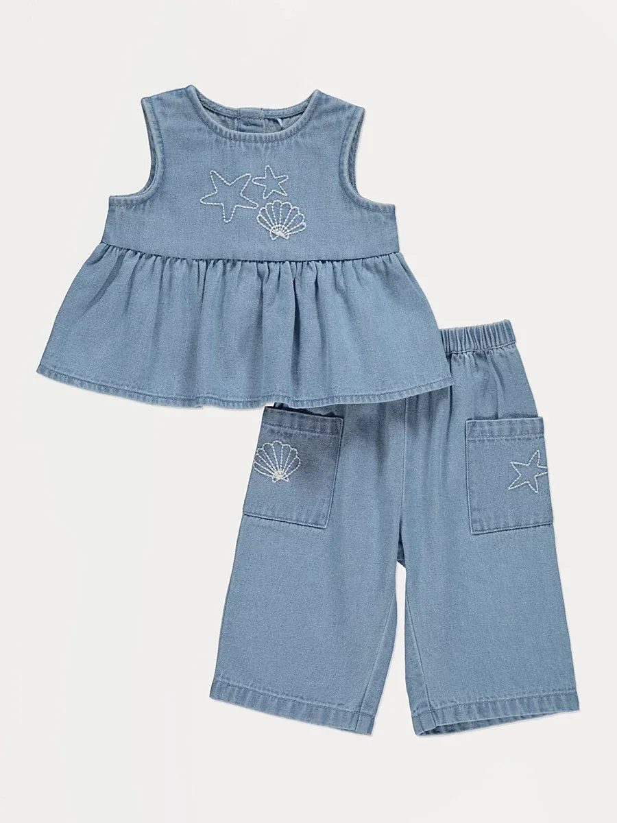 Denim Embroidered Shell Top and Trousers Outfit