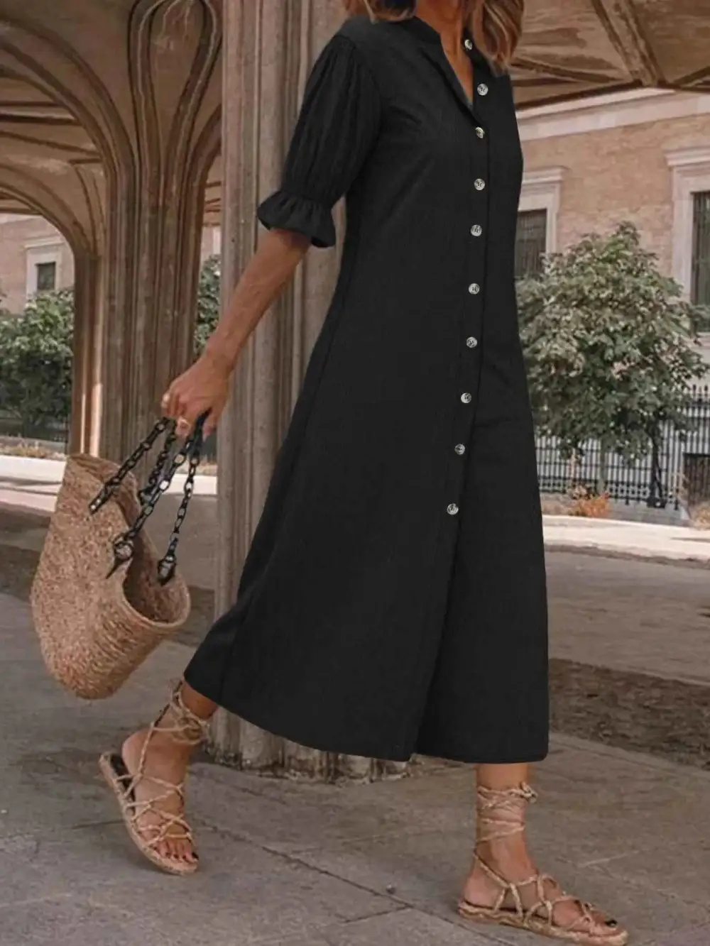 Plus Size Button Front Puff Sleeve Shirt Dress