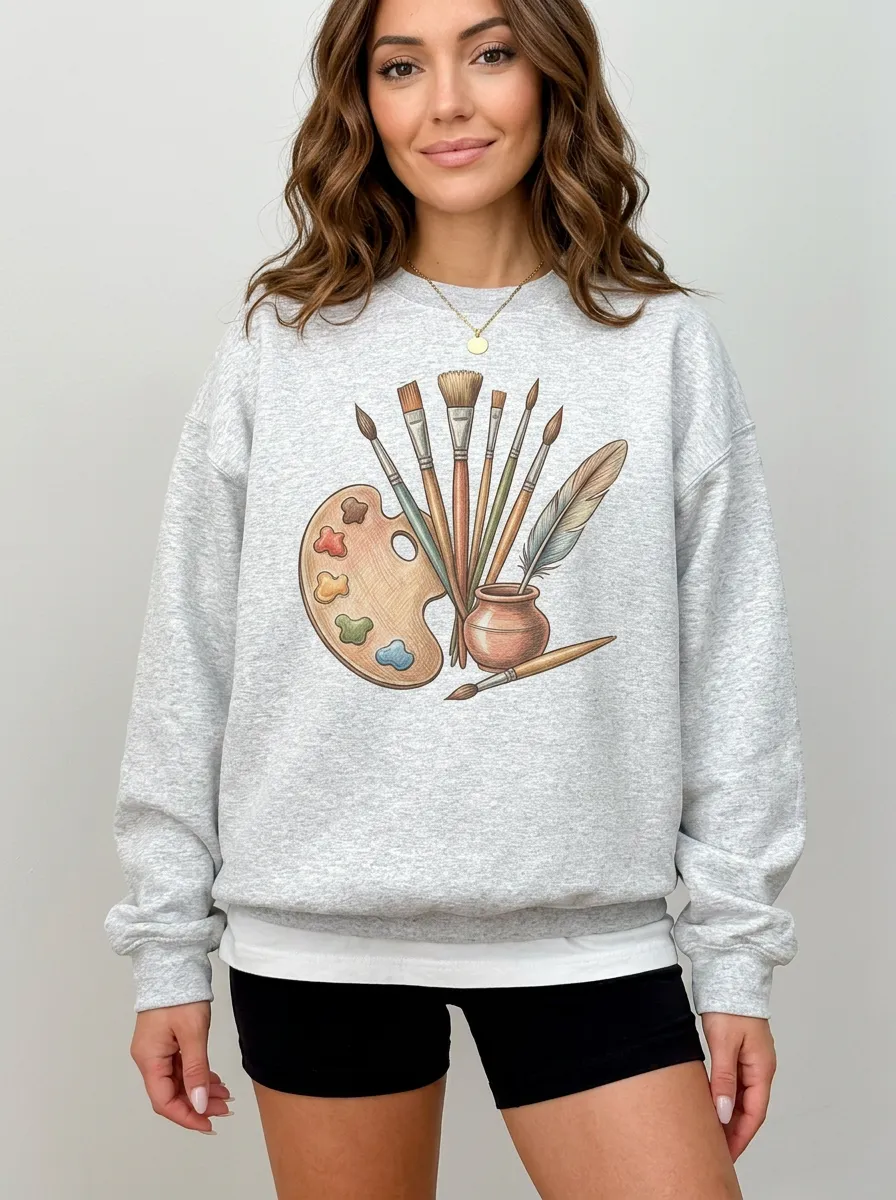 Women's Artist Painting Palette Brushes Feather Graphic Sweatshirt