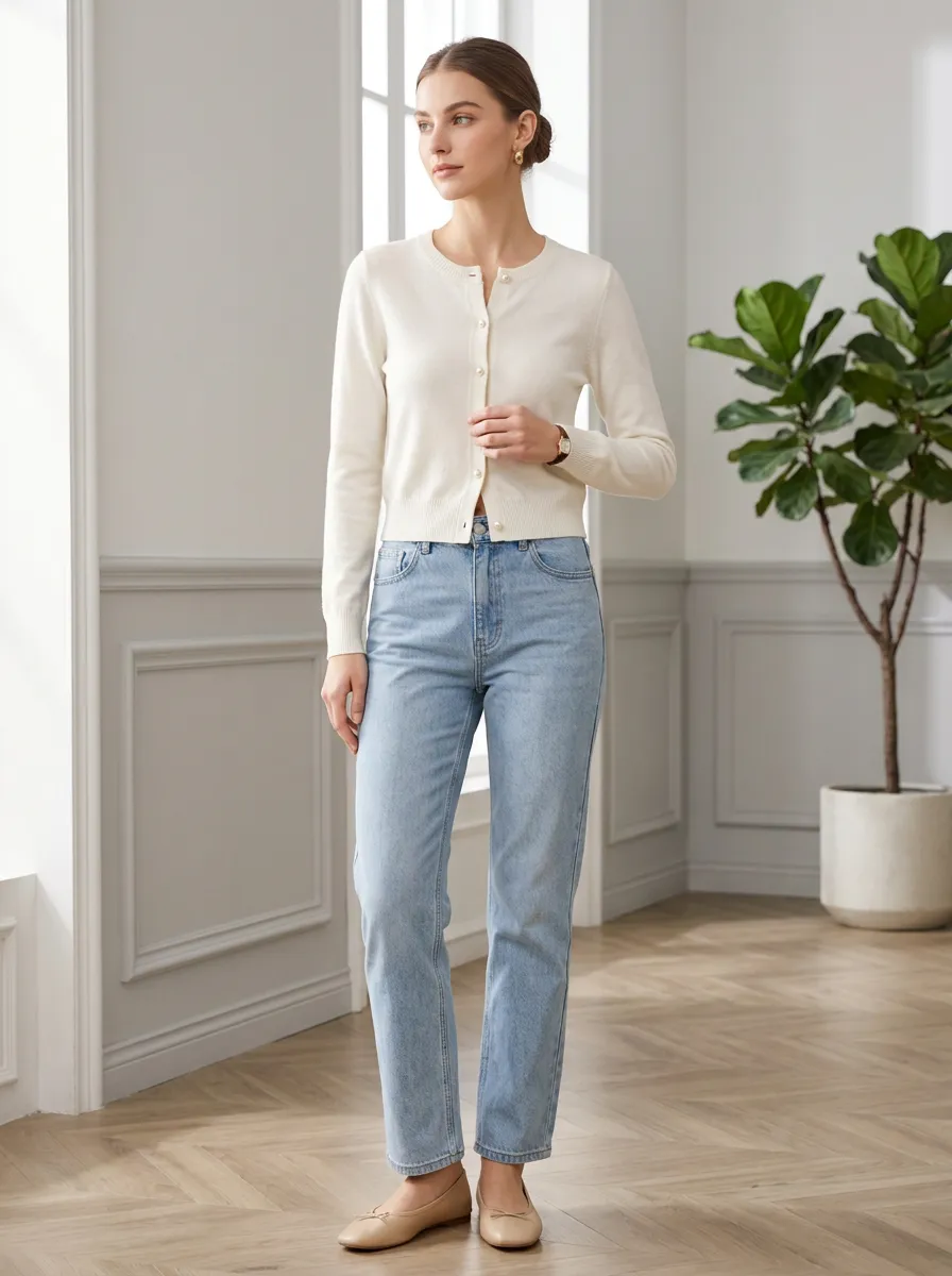 Women's Minimalist Cream Pearl Button Knit Cardigan