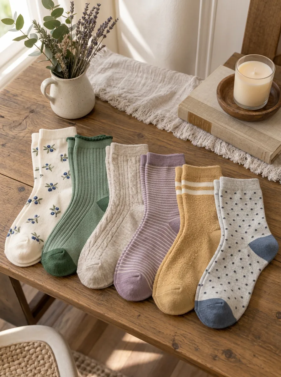 Women's Six-Pair Floral Cable Knit Striped Crew Socks Set