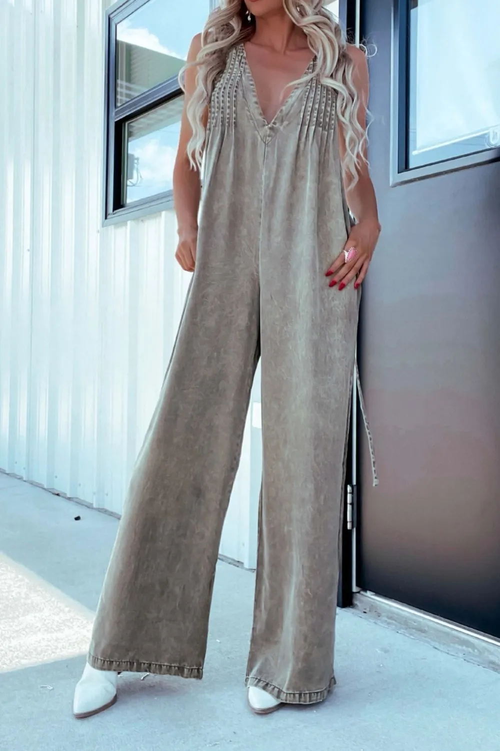 V Neck Wide Leg Everyday Jumpsuit Denim Pants