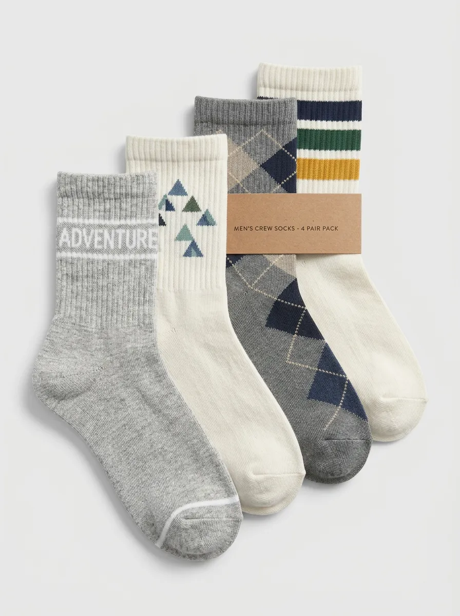 Men's Four-Pair Outdoor Adventure Mountain Argyle Striped Printed Crew Socks