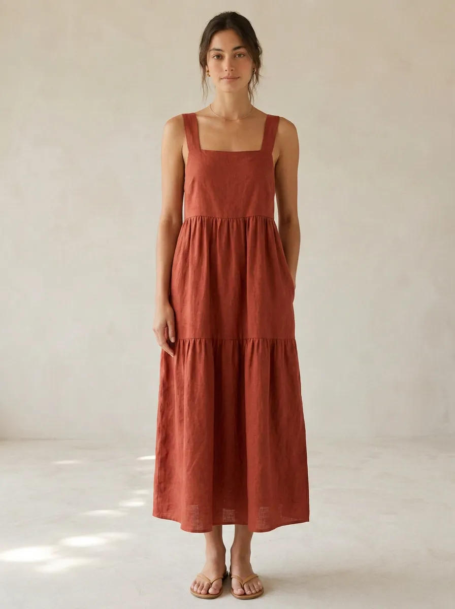 Women's Weekend-Ready Casual Tiered Linen Midi Backless Dress
