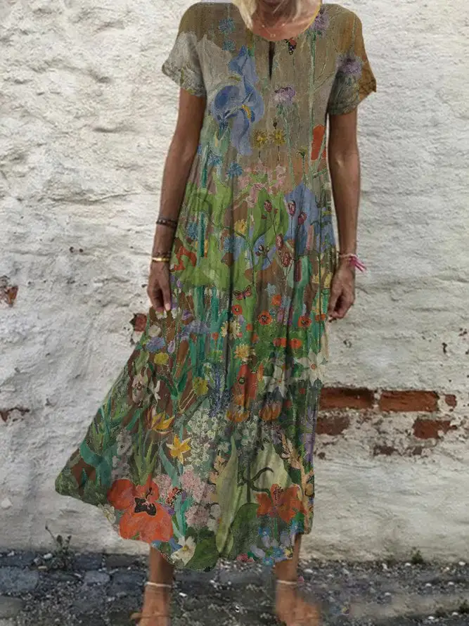 Women's Printed Round Neck Cotton Linen Long Dress