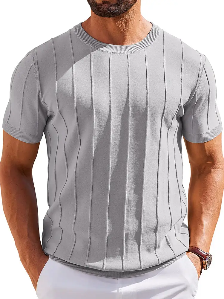 Casual Short Sleeve Shirt Ribbed Knit Pullover Tee