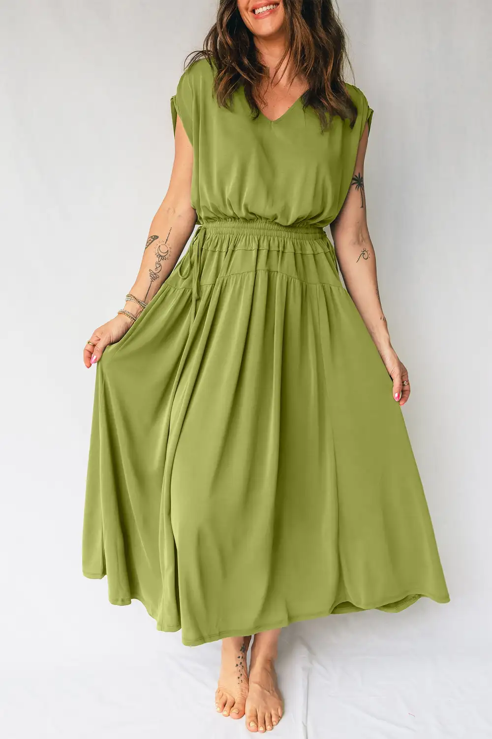 Fern Solid V Neck Cap Sleeve Tunic Elastic Waist
