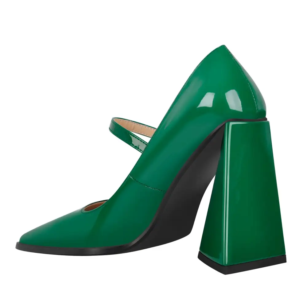 Patent Finish Square Toe Chunky Heel Pumps