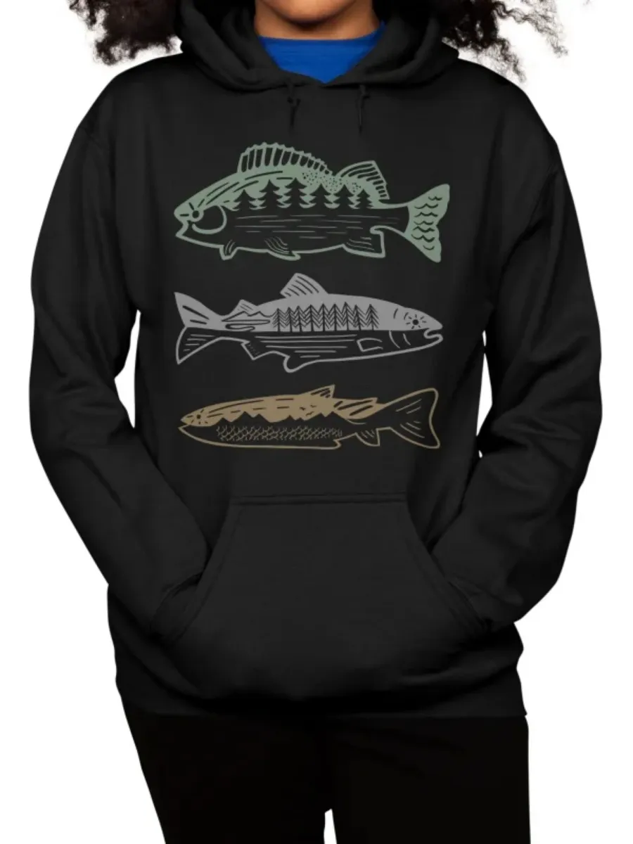 Pocketed Fish Print Hoodie