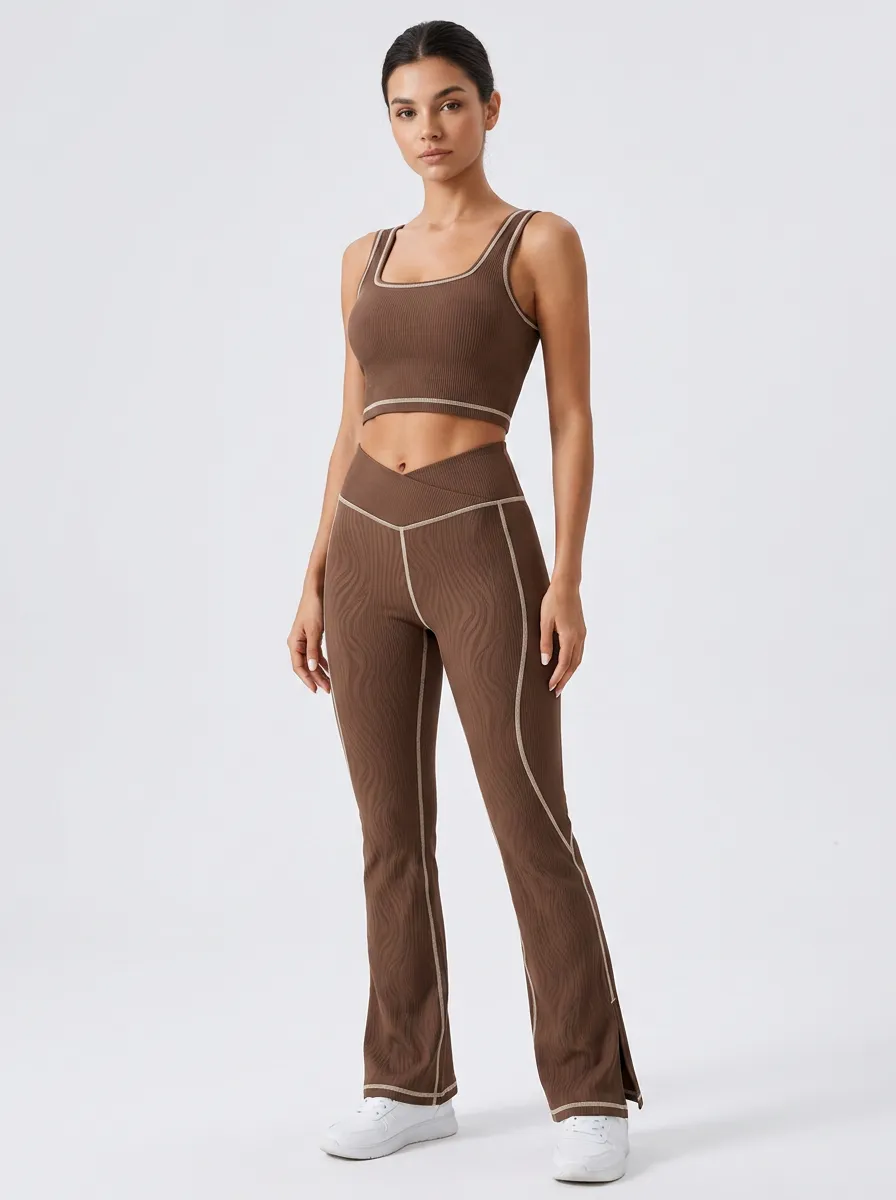 Women's Yoga Fitness Brown Ribbed Contrast Stitch Printed Set